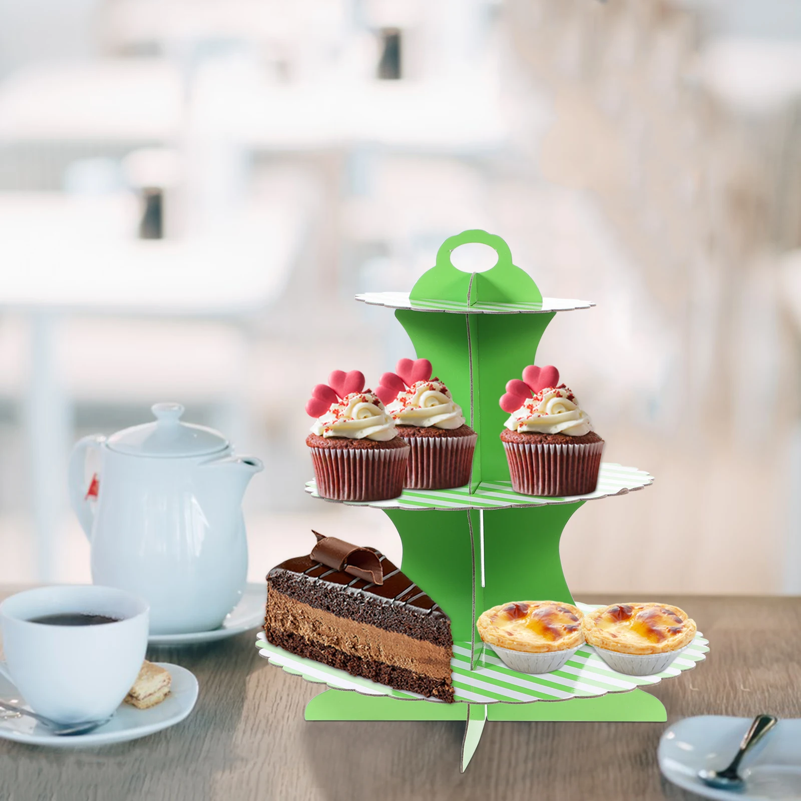 

Three Tier Cake St Disposable Paper Holder for Birthday Green Color Cupcake Display Tower Dessert Tray