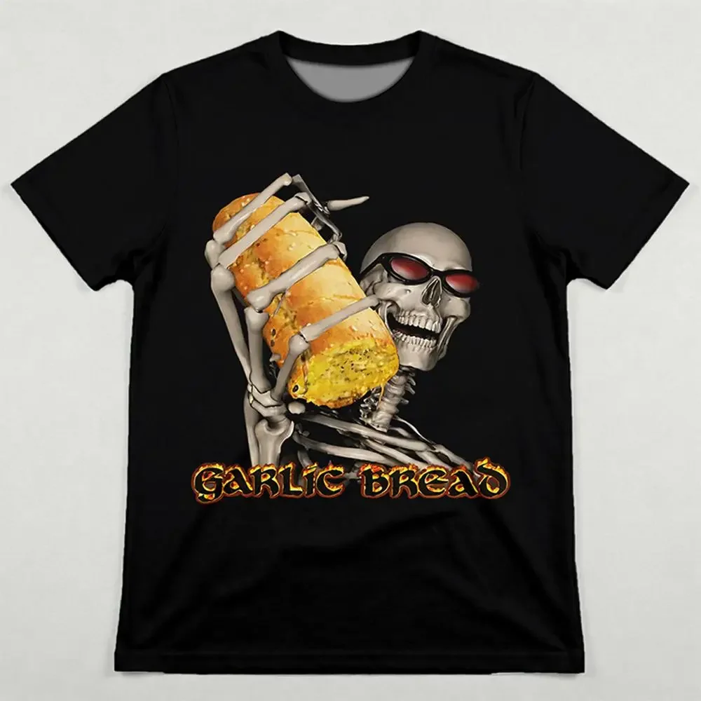 New Garlic Bread Funny Meme Graphic T-Shirt Men's Women's Skull Pattern Printed Tees Y2K Streetwear Funny Short-Sleeve Tops