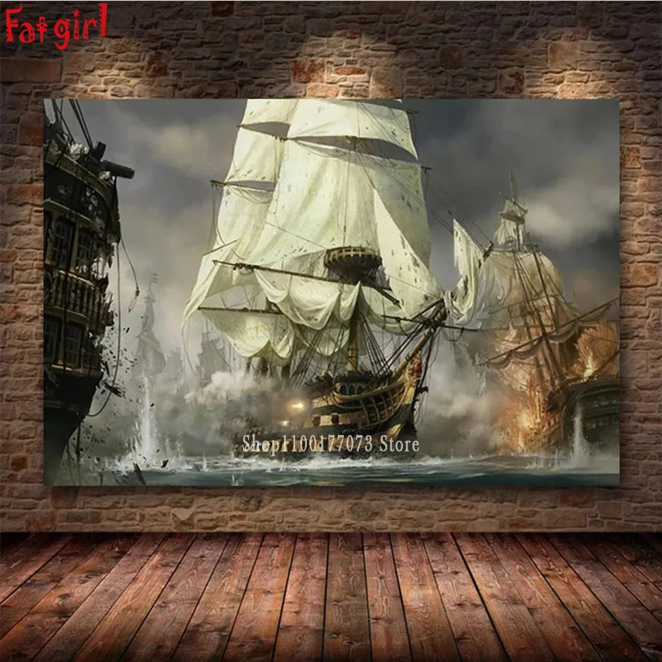 High Quality Sailboat Picture Diy Diamond Painting Cross Stitch Pirate Ship Needlework Sea Landscape Mosaic Diamond Embroidery