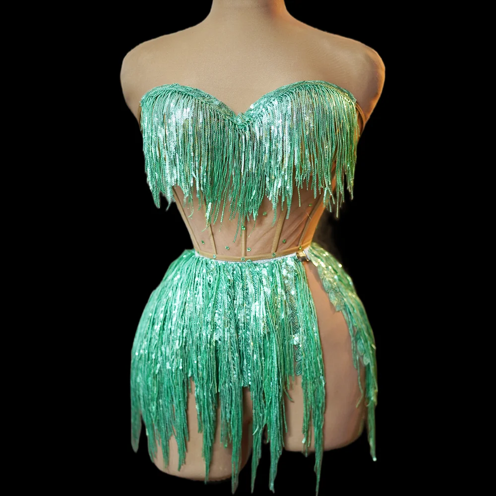 

2024 Women Green Sequin Tessel Costume Set Bling Stage Dancewear Shining Tassel Sexy Lady Party Bra Pole Dance Dress Short Set