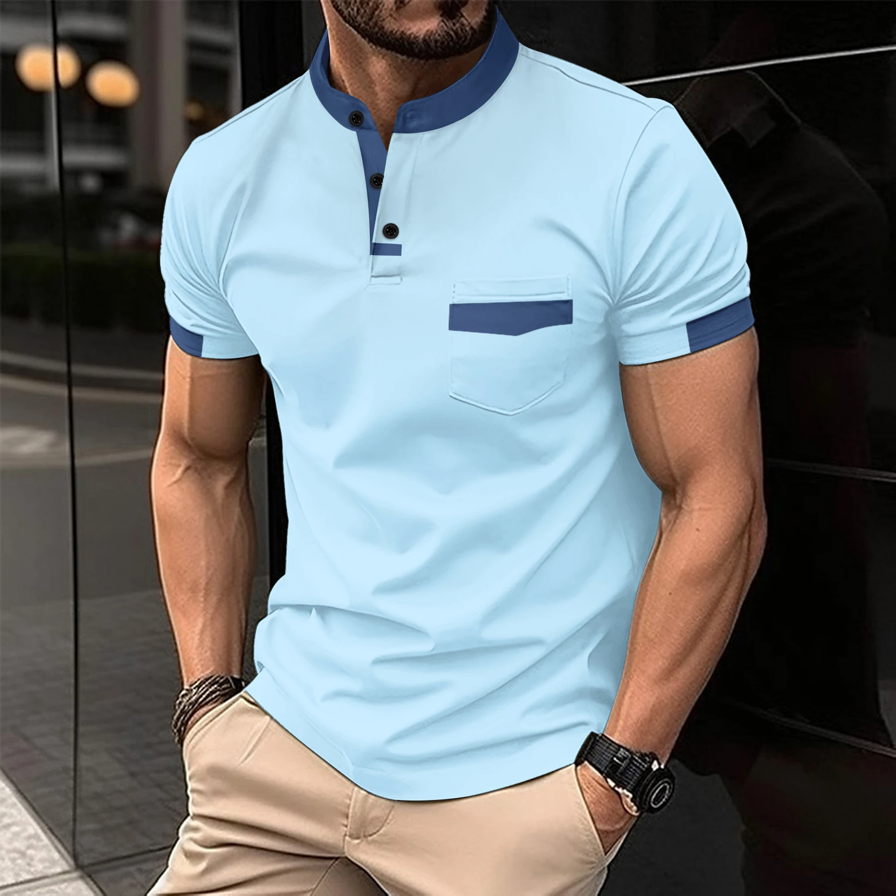 2024 summer new men\'s fashion stand collar button short sleeve Polo shirt Business casual T-shirt men\'s breathable Polo shirt