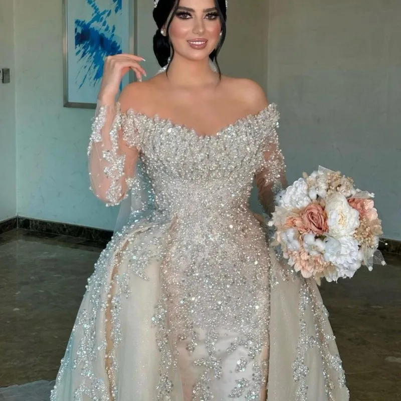 Stunning Off the Shoulder Heavy Appliques Pearls  Trumpet Bridal Dress with Detachable Train Illusion Full Sleeves Bridal Gowns