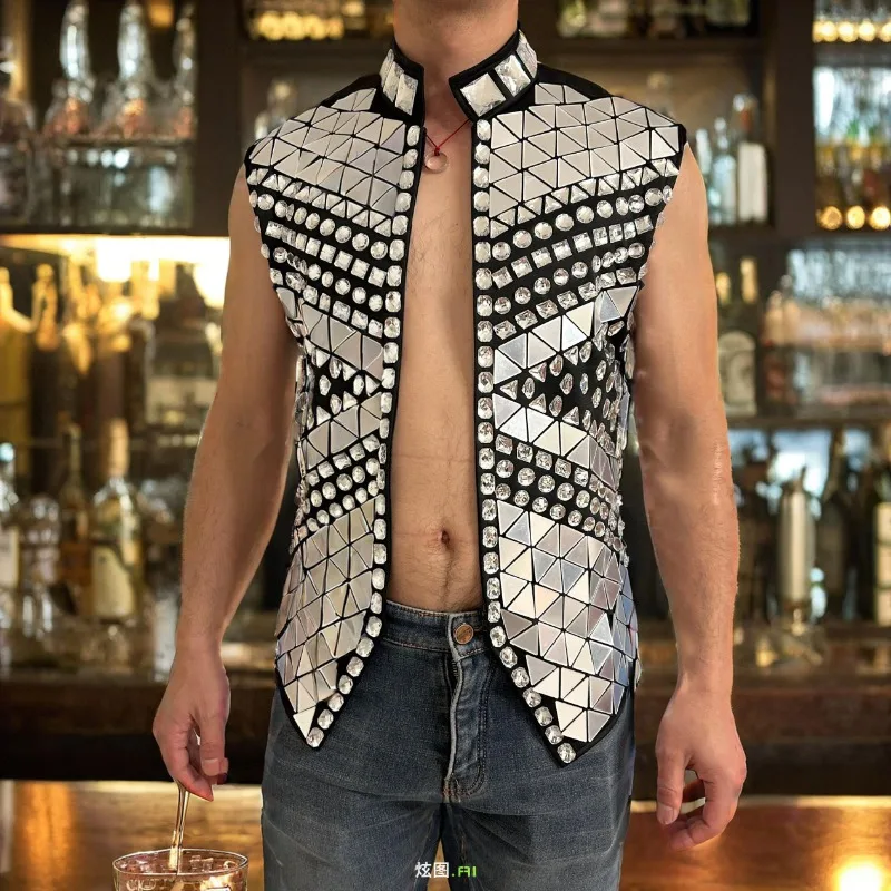 

Male Jacket Glitter Mirror Rhinestone Waistcoat Suit Sequin Crystal Vest Coat Singer Bar Concert Stage Performance Drummer Top