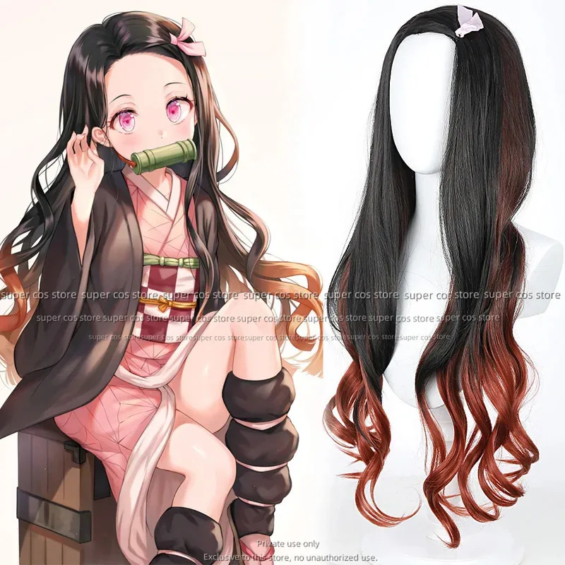 28L Anime Kimetsu No Yaiba Kamado Nezuko Costume Kimono Demon Slayer Cosplay Wig Hair Halloween Carnival Women