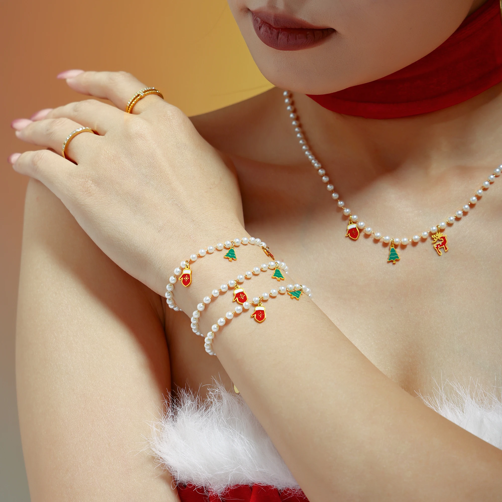 Hirsch-Weihnachtsbaum-Handschuh-Anhänger, Halsketten, Armbänder für Damen, 316L Edelstahl, Imitationsperlen-Strang, Schmuckset – Detail 1