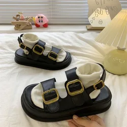 2024 New Summer Buckle Platform Thick-soled Sandals for Women Flat-soled Women's Shoes Soft-soled Fashionable Roman Shoes