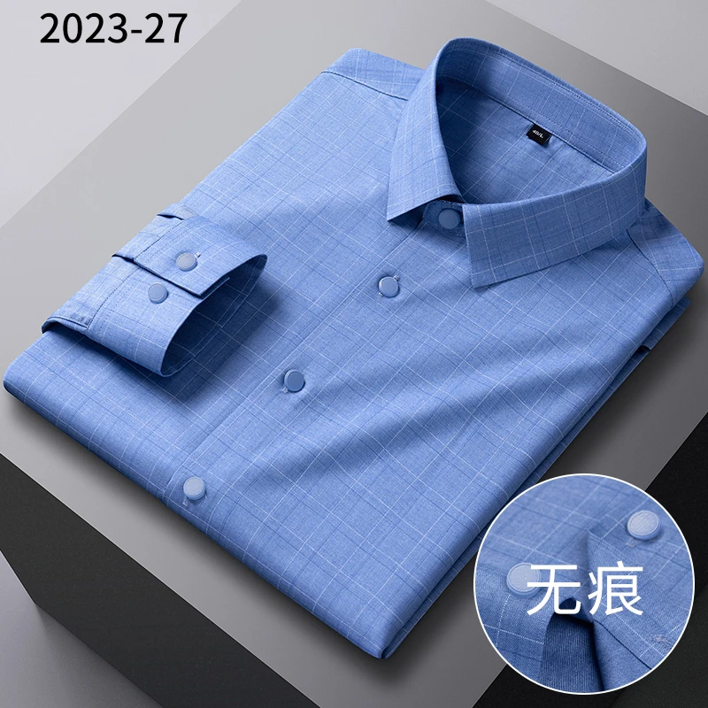 2025New Bamboo Fiber Men's Shirt Fashionable Business Casual Men Clothing Solid Color Elastic No-Iron Easy-Care Long-Sleeved Top