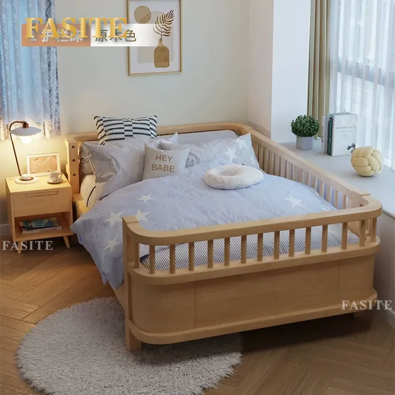 Solid Wood Kids Bed with 3 Sided Guardrail Princess Single Bed for Girls Boys Splicing Large Widened Toddler Bedroom