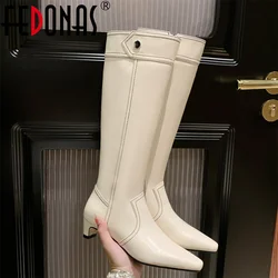 FEDONAS Elegant Women Knee High Boots Geuine Leather Kitten Heels Pointed Toe Party Dance Shoes Woman Long Warm High KnightBoots