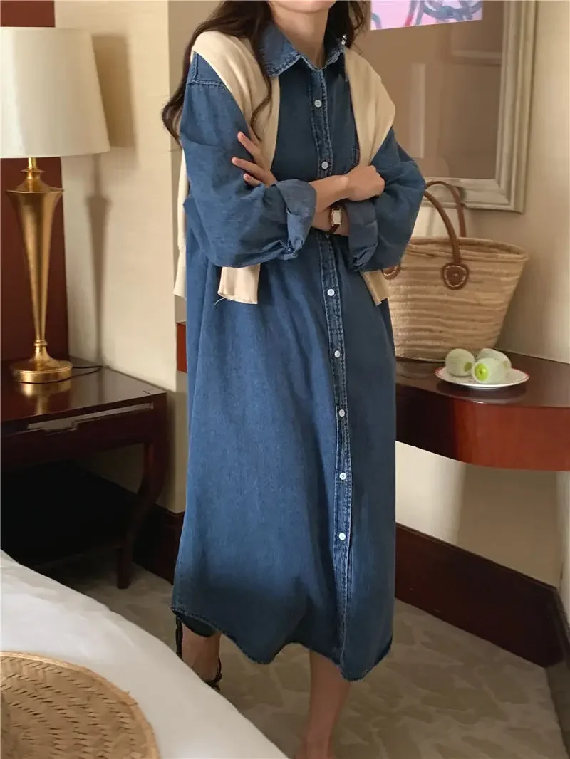 Spring Summer Women Casual Denim Shirt Dress Loose Long Sleeve Cardigan Dress Korea Ladies Womens Denim Shirt Long Dresses