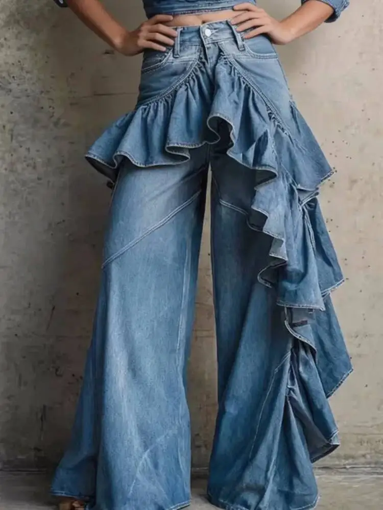 

European And American Style Asymmetrical Ruffle Edge Splicing High Waist Wide Leg Jeans For Women Spring 2026 16RK