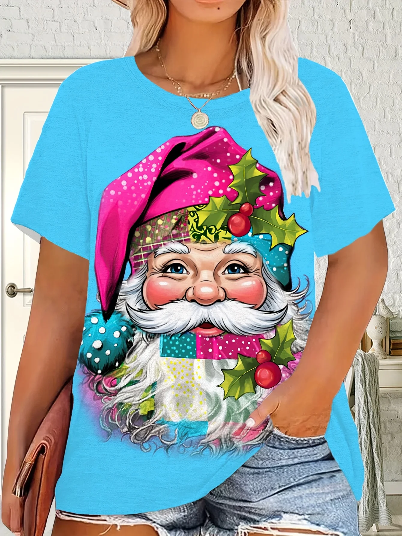 

﻿ Women'S Christmas T-Shirt Turquoise Santa Claus with Hat Women's Short -Sleeved Tees Casual Elegant Top for Christmas Gifts