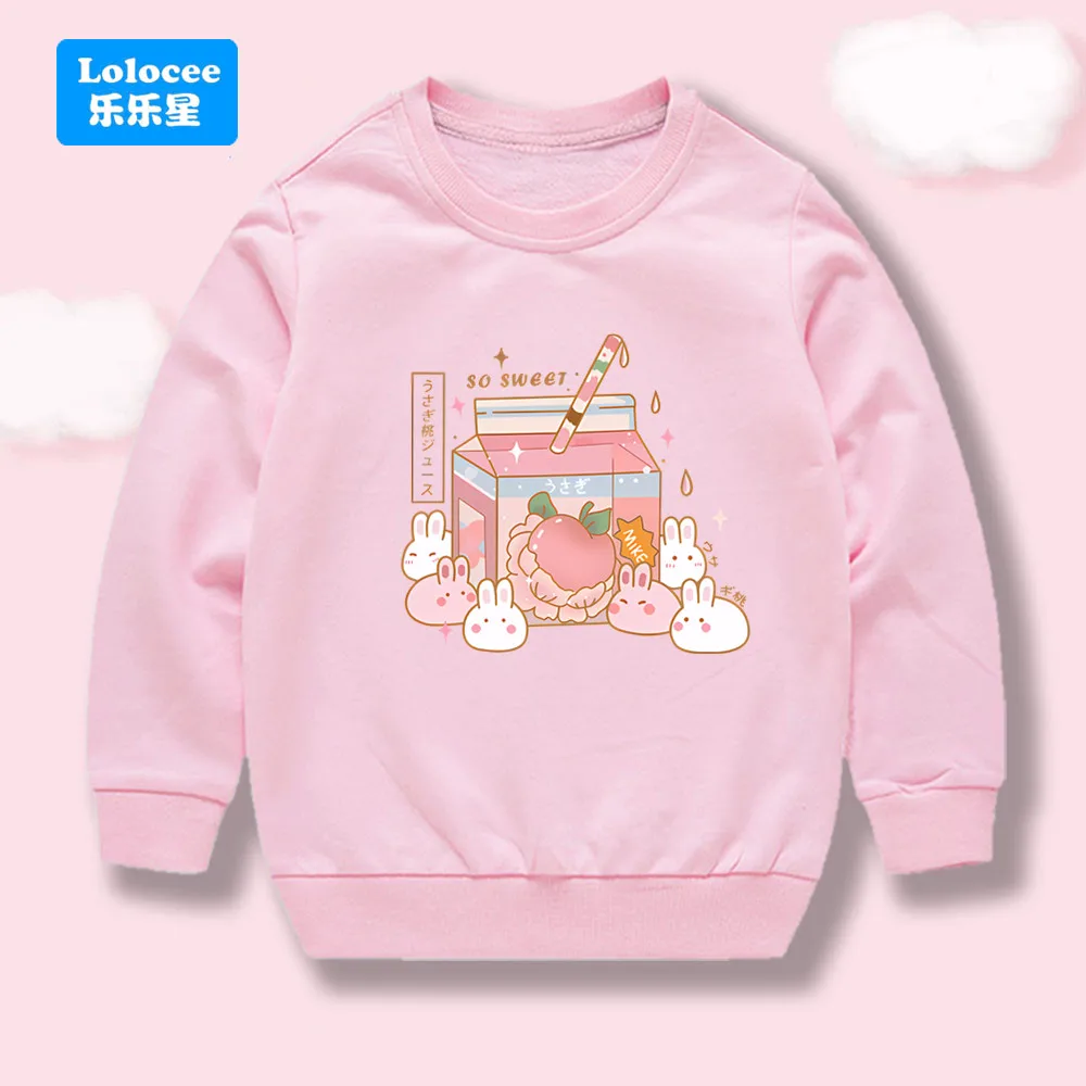 3–14 Jahre Mädchen-Sweatshirt aus Baumwolle, süßer Hase und Pfirsich-Joghurt-Aufdruck, langärmeliges Oberteil, Kinder, Frühling und Herbst, Cartoon-Pullover, YLZH1