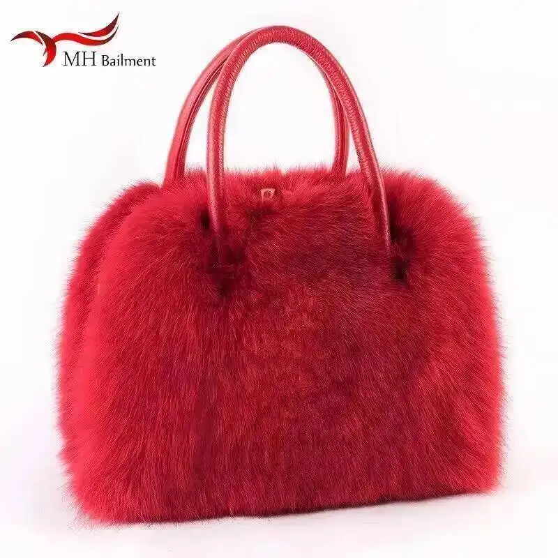 

Winter Women Fox Fur Handbags Genuine Cowhide Hard Handle Handbag Full-pelt Red Fur Shoulder Luxury Evening Fashion Bags Tote