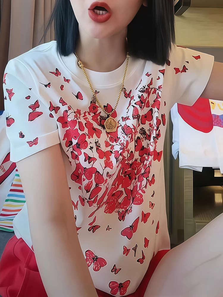 2025年女性向け新作春夏アメリカンスタイル蝶プリント半袖Tシャツゆったりレトロ万能高級トップス