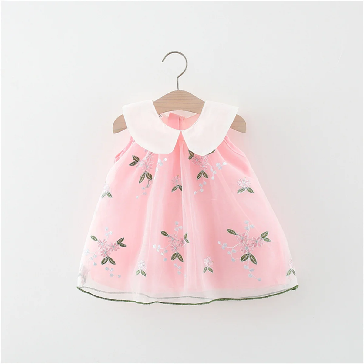 Girls' Sweet Dress Summer New Flower Embroidery Mesh Doll Neck Sleeveless Princess Dress