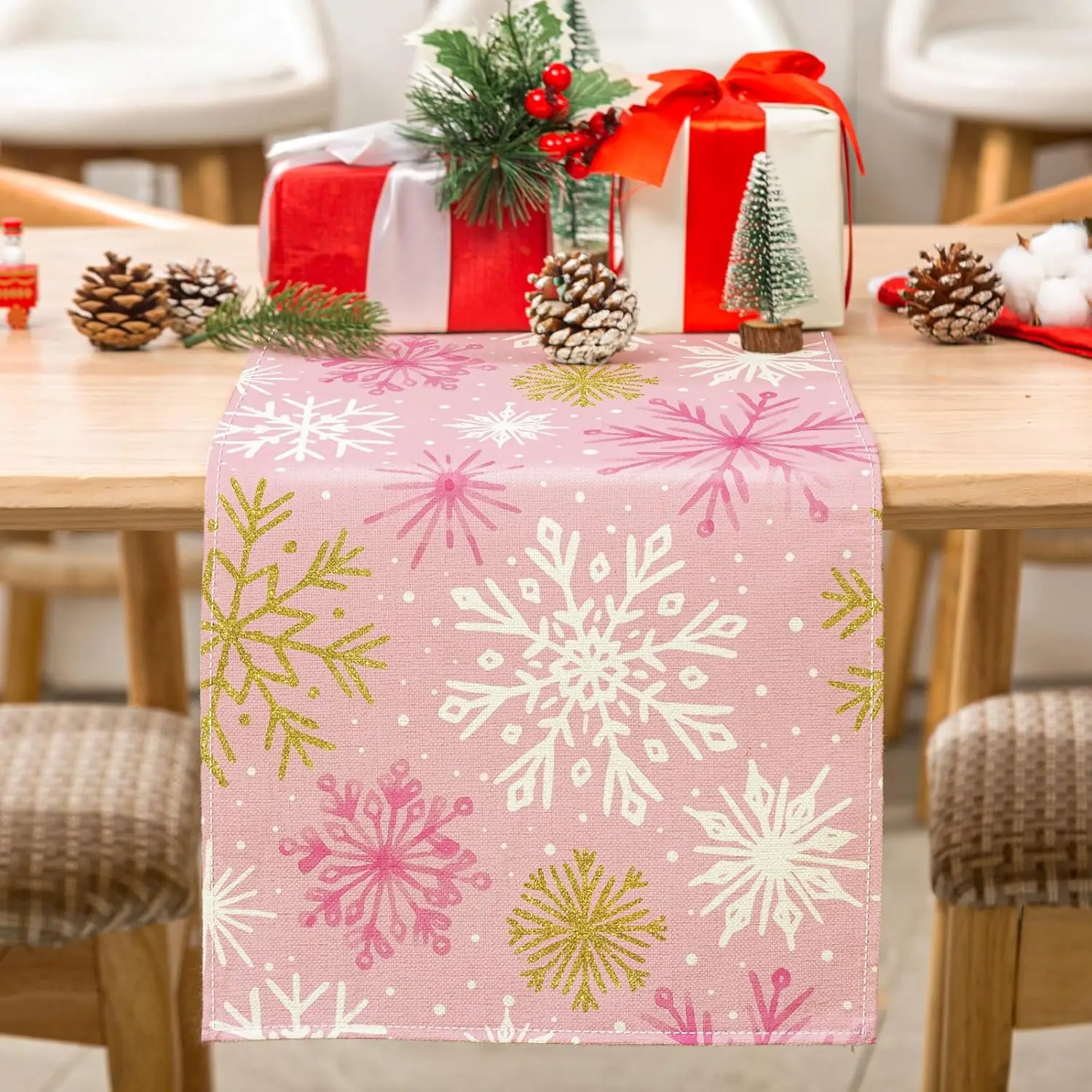 

Christmas Pink Gold Snowflake Linen Table Runner Party Decor Winter Xmas Kitchen Dining Table Runner Christmas Decorations