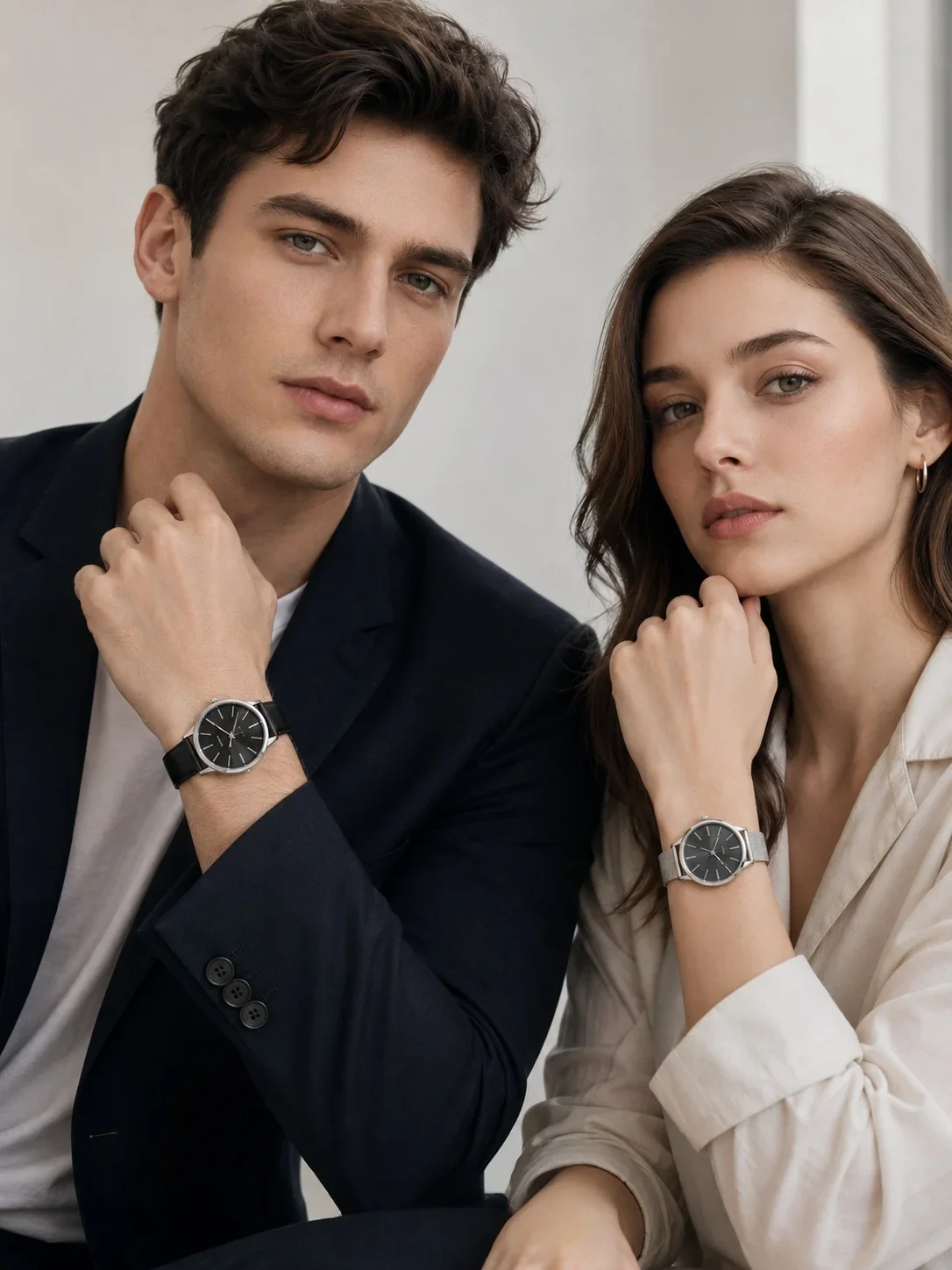 2Pcs Lovers Watch Set Classic Minimal Mesh & Leather Strap Analog Quartz Wristwatch Men Women Fashion Couple Matching Timepieces