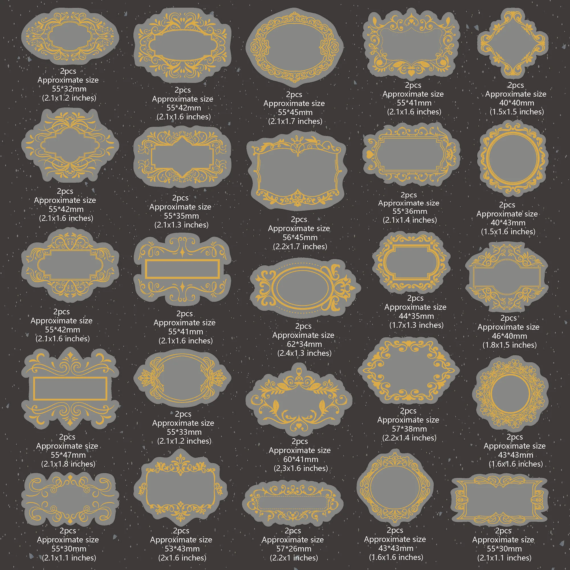 50 Pack Vintage Ornamental Frames PET Stickers with Decorative Borders, Waterproof and Transparent，Laser Silver and Metallic Gol