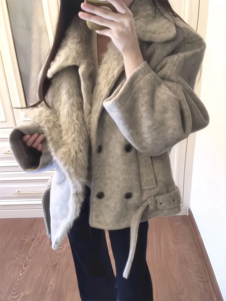 레트로 아메리칸 스타일 울 코트 또는 플립 칼라 마운틴 이글 디자인 여성용 겨울 패션 더블 버튼 따뜻한 코튼 재킷