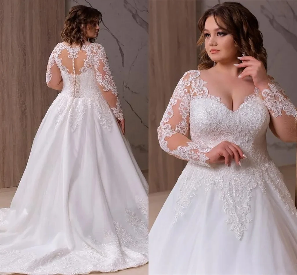 Luxury Plus Size Line A wedding dress Sexy V-neck invisible backless long sleeve lace decal Sweep Train 2024 custom bridal dress