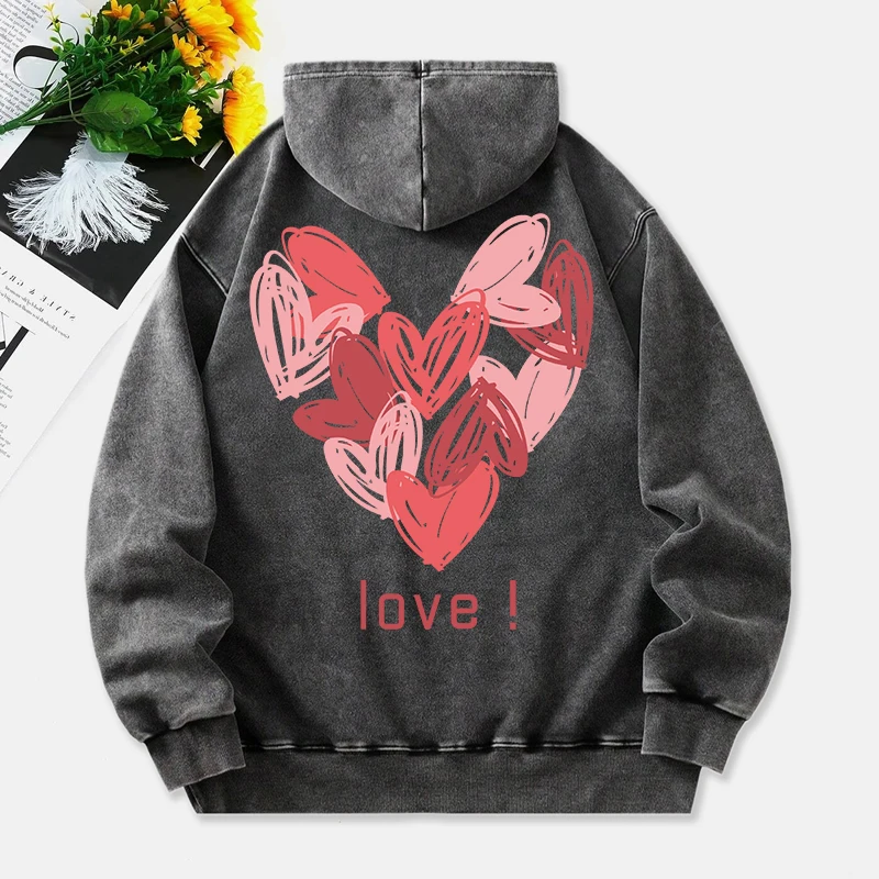 Love Heart Washed Hoodies Women Pink Graffiti Printing Cotton Streetwear Oversize Pocket Warm Pullovers Winter Womans Clothes