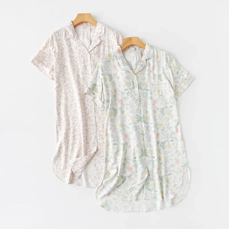 Short-Sleeved Viscose Floral Printed Cardigan Shirt Nightdress with Button Floral Printed Loose Sleepwear Women Sleep Dress