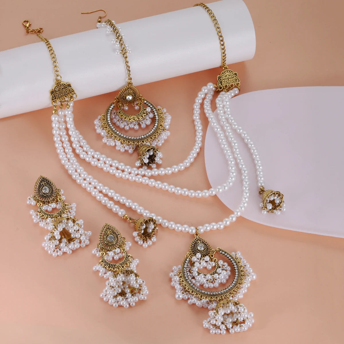 Ethnic Vintage Wedding Jewelry Set Antique Gold Plated Round Crystal Necklace Earrings Maang Tikka Headpiece Jewelry Women