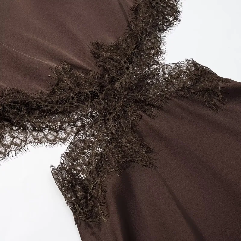 CharmChant Damen-Kleid aus Satin, braun, asymmetrisch, mit Spitze, Ausschnitt, Cape-Ärmel, luxuriös, elegant, Party, bescheidenes Abendkleid