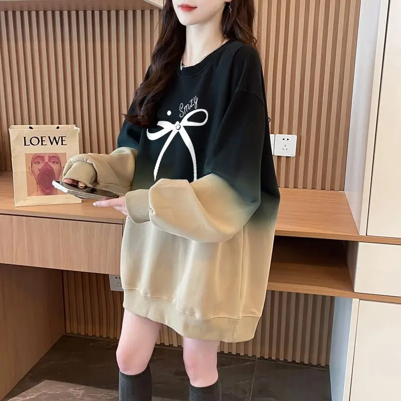 Korean Version Bow Women\'s 2024 Spring and Autumn New Splicing Pullovers O-Neck Print Gradient Loose Casual Long Sleeved Hoodies