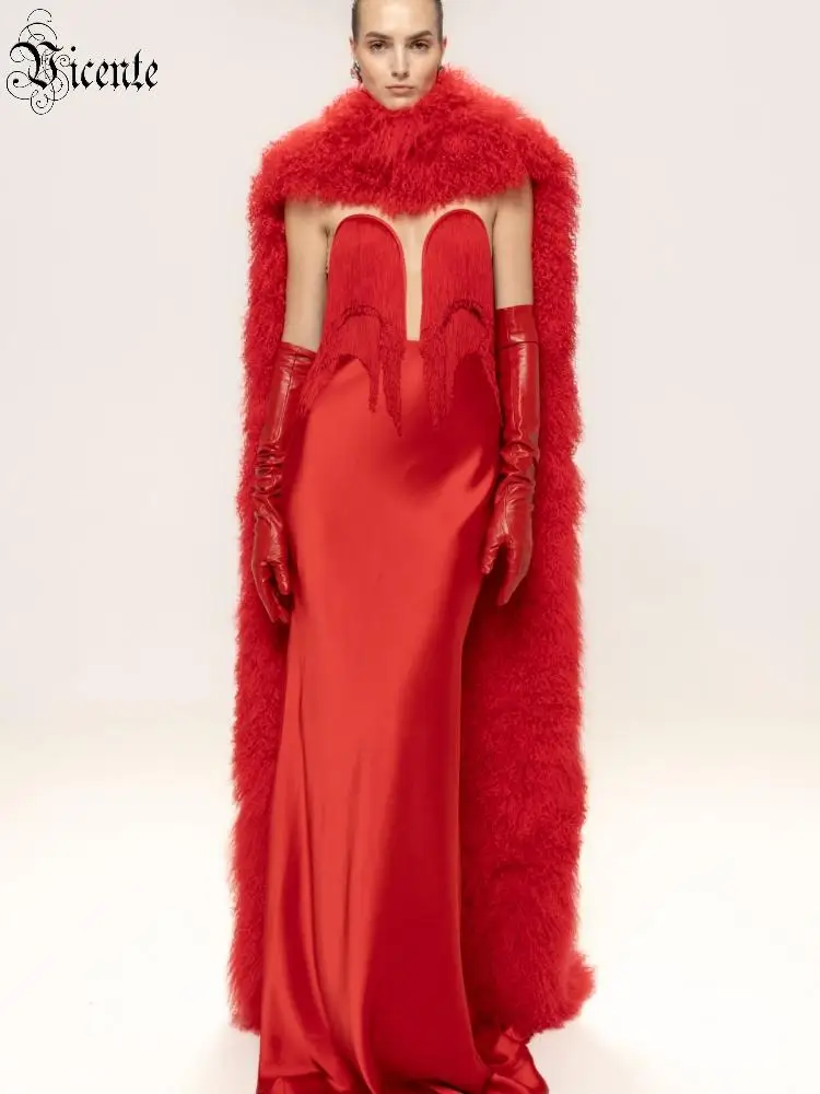 VC Holiday Retro Glamour Christmas-Themed Red Satin Strapless V Neck Backless Maxi Dress Party Evening Gown