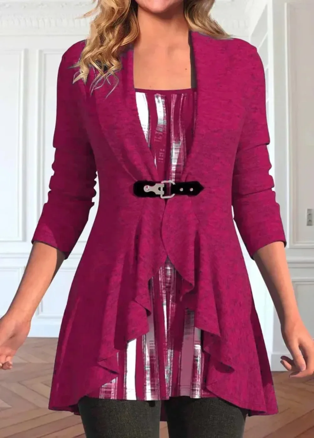 2024 Women Fake Two Pieces Tops Print Striped Long Sleeve Tops Tees Casual Mom T-Shirts Splice Ruffles Streetwear