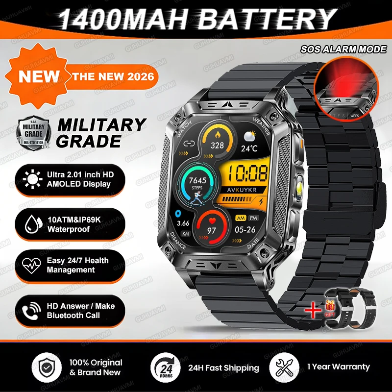 2026 TANK Nieuwe 1400mAh Militaire GPS Smart Watch Mannen 2.01 "AMOLED Scherm 10ATM Waterdichte Klok SOS Oproep Zaklamp Smartwatch iOS
