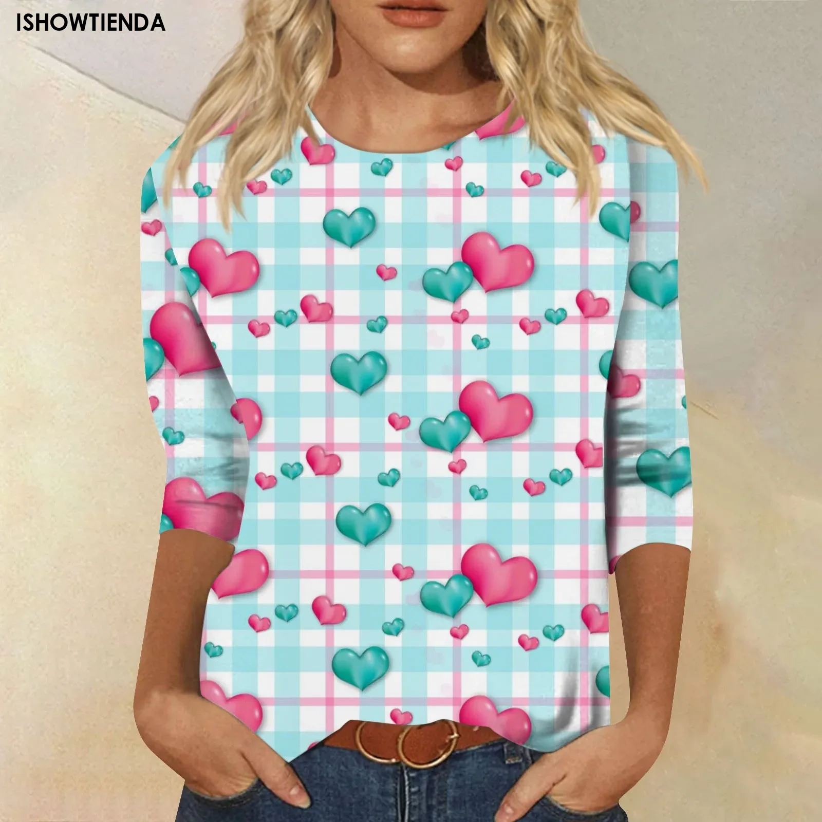 T-Shirt stampata di nuova moda alla moda san valentino manica 3/4 donna Casual autunno inverno Pullover allentato maglietta femminile da donna a