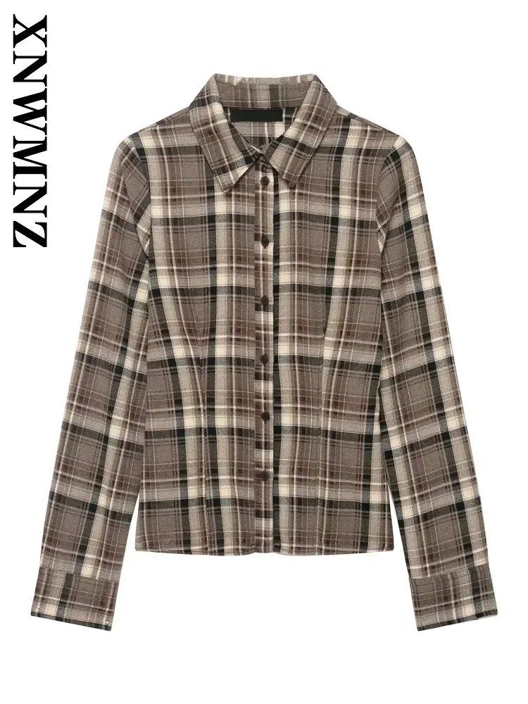 

XNWMNZ 2025, новая зимняя женская повседневная винтажная рубашка с длинными рукавами, простая осенняя женская универсальная тонкая рубашка с отложным воротником