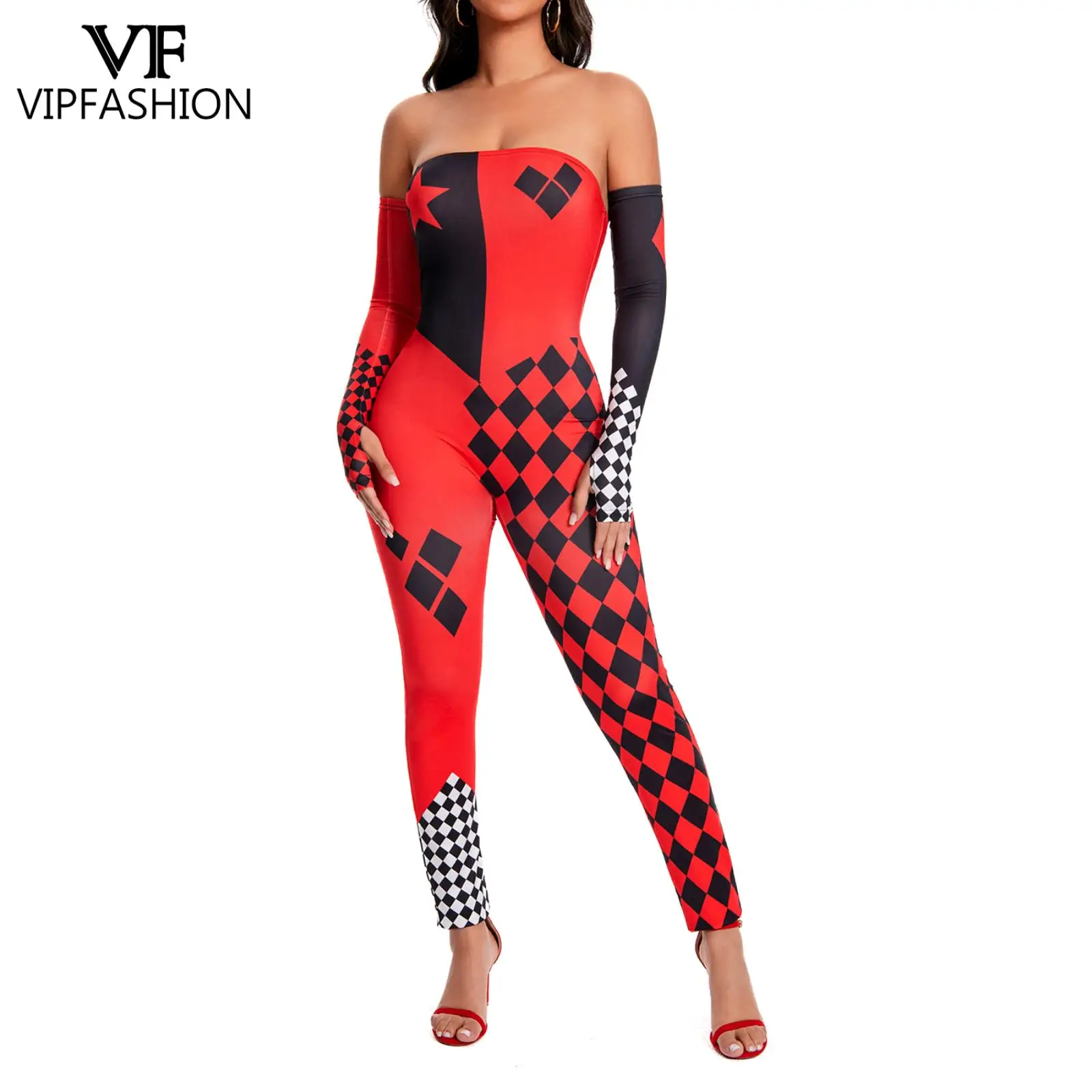 

VIP FASHION Harley Q Cosplay Jumpsuit Sleeveless Sexy Jumpsuit with Gloves Ladies Skinny Clown Romper Set Carnival Party Clothes