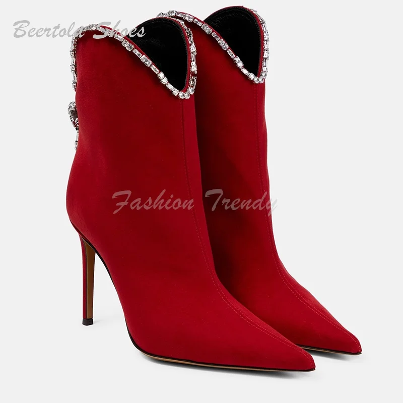 

Red Suede Vibrant Women's Sexy Ankle Boots Pointed Toe Crystal Beaded Bling Calf Booties Tassel Hot Chick Stiletto Dress Shoes