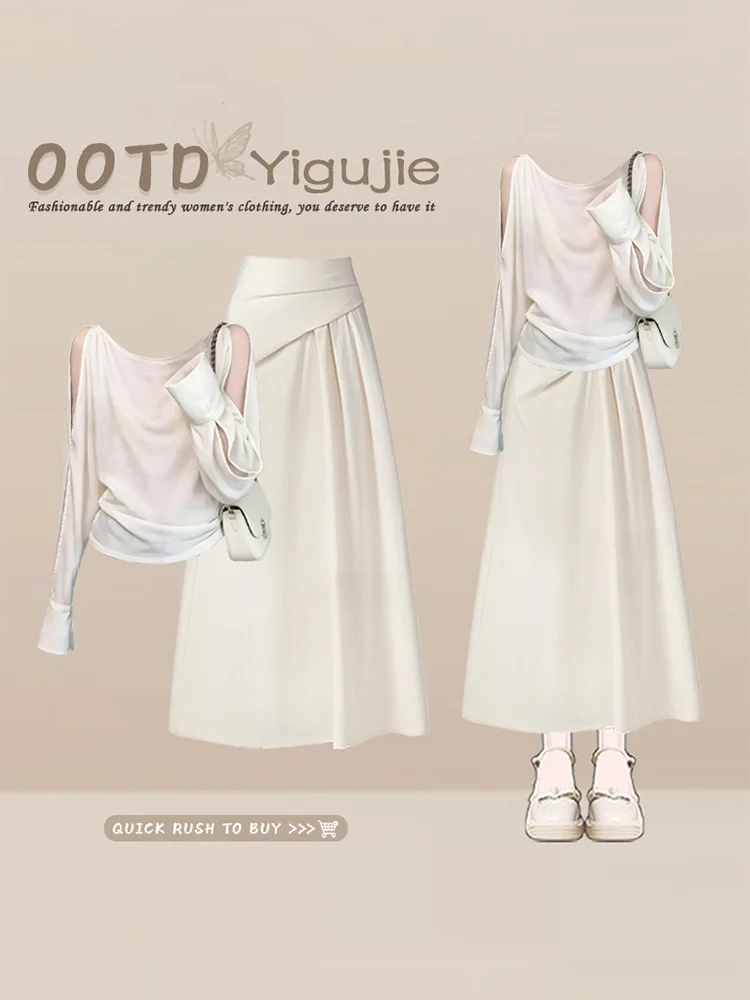 

Art Student Unique Beautiful Shoulder Bared Chiffon Shirt Top Summer Half Skirt Two Piece Set High Waist Midi Skirt Long Sleeve