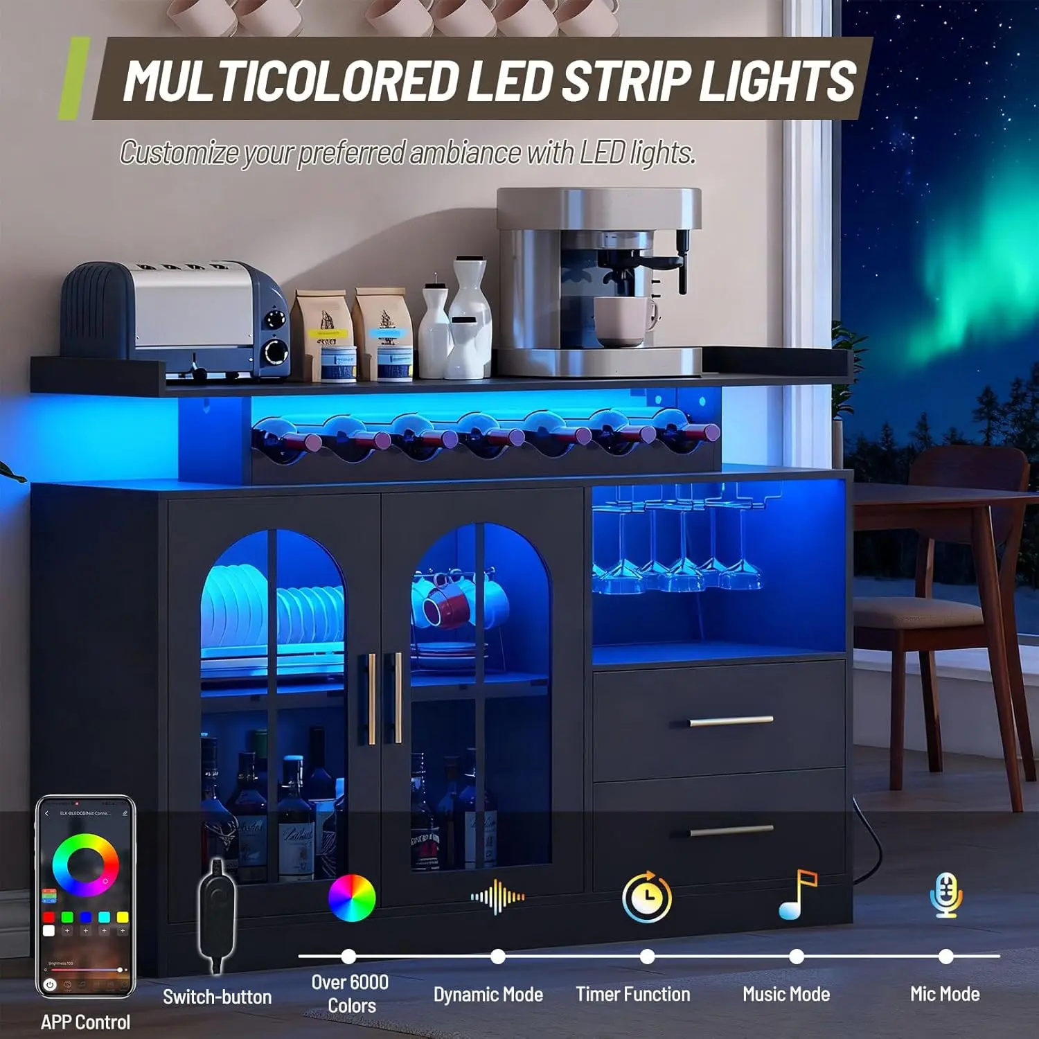 LED Bar Cabinet Wine Storage Buffet Sideboard with Charging Station Glass Rack Drawers for Kitchen Dining Room, Customized