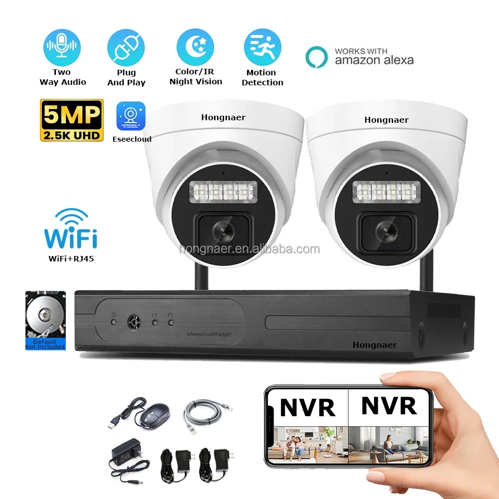 2026 Hongnaer 5MP 2 Channel Dome NVR IP Home Security CCTV Camera Set Kit Night Vision System Eseecloud WiFi Wireless Surveil Sy
