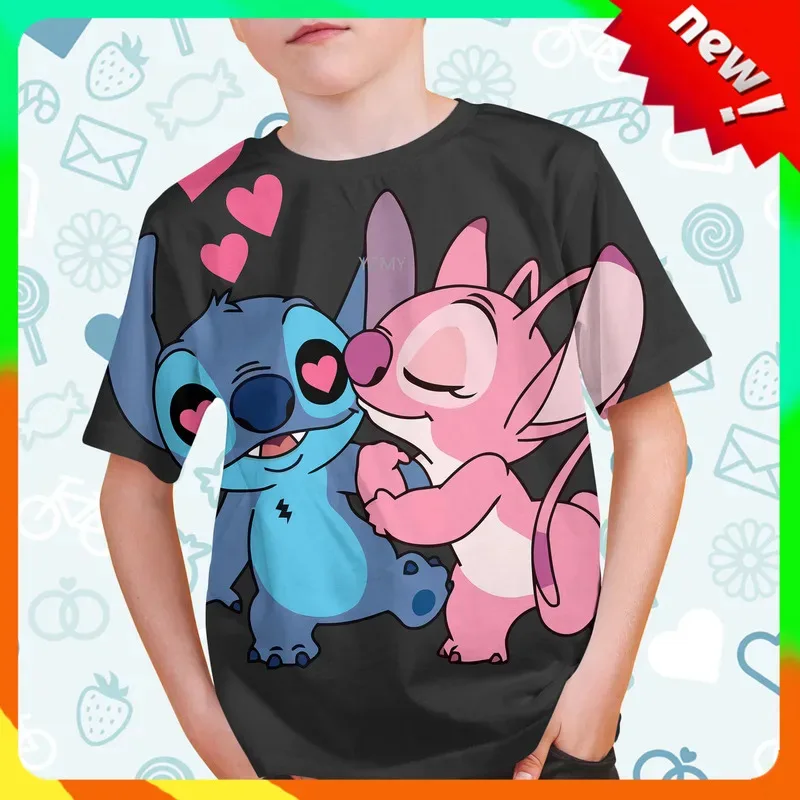 Лето 2023, новая детская футболка Disney Lilo & Stitch, повседневная одежда для мальчиков и девочек, детские футболки с героями мультфильмов, футболки для детей 1–14 лет