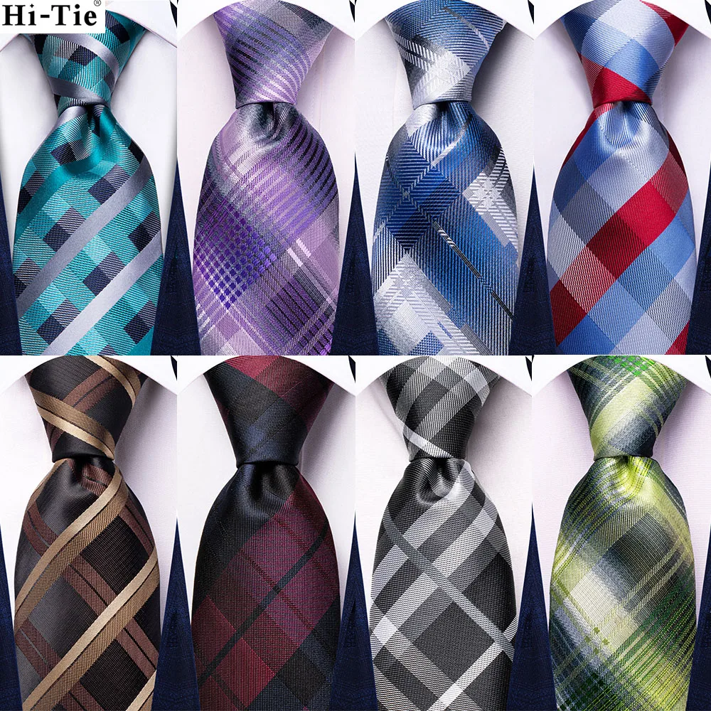 

New Classic Plaid Check Brown Silk Ties For Men Business Wedding Mens Neck Tie Handkerchief Cufflinks Gift For Men Hi-Tie