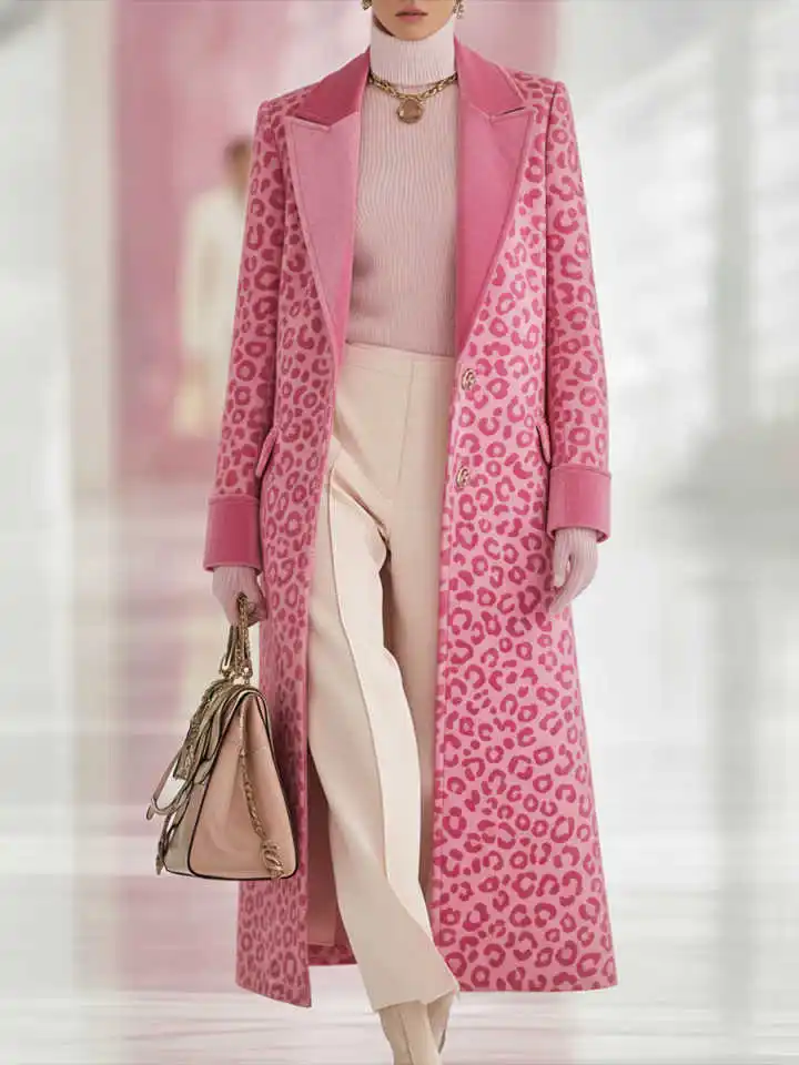 Chic Pink Leopard Print Long Coat Women's Contrast Lapel Formal Overcoat Patterned Outerwear for Autumn Winter Customizd