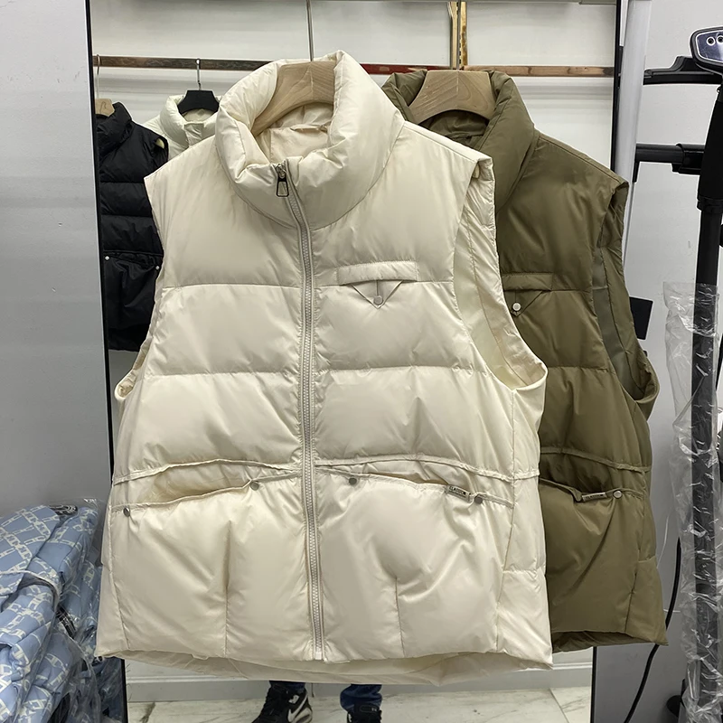 Winter Women 90% White Duck Down Coat Casual Stand Collar Zipper Pockets Sleeveless Vest Female Loose Solid Outwear