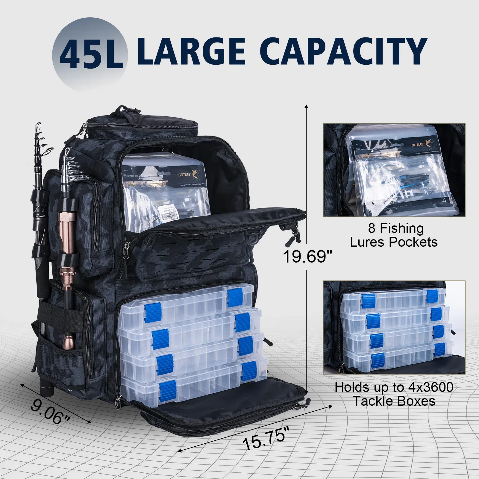 

Goture водонепроницаемое рыболовное снаряжение, коробка для приманки, сумка для хранения снаряжения, мужской рюкзак для рыбалки нахлыстом с сумками-держателями для удочки