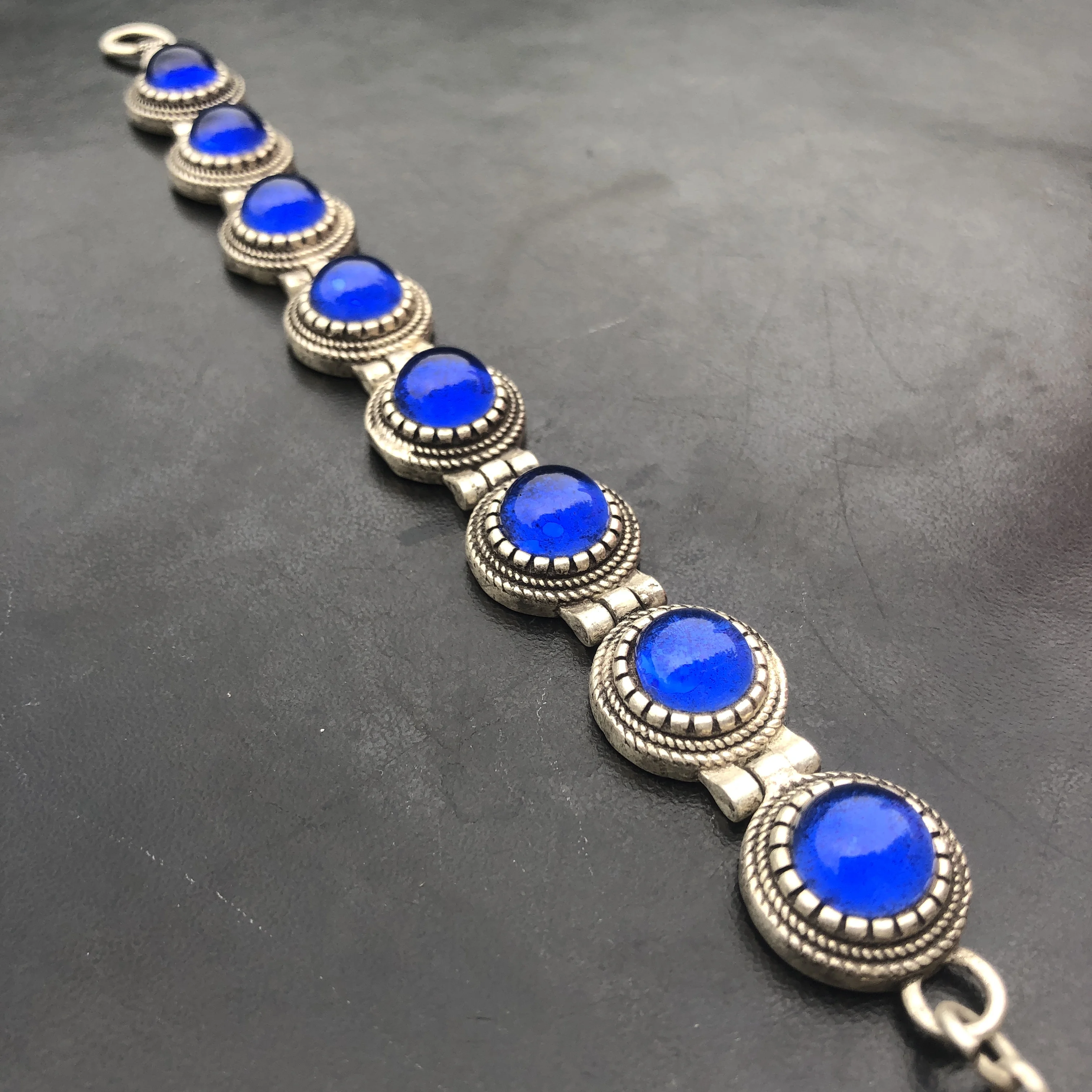 Vintage Tibetan Ethnic Link Bracelet, Antique Silver Tone Inlaid Round Blue Stone Hollow Back Adjustable Wrist Jewelry for Women