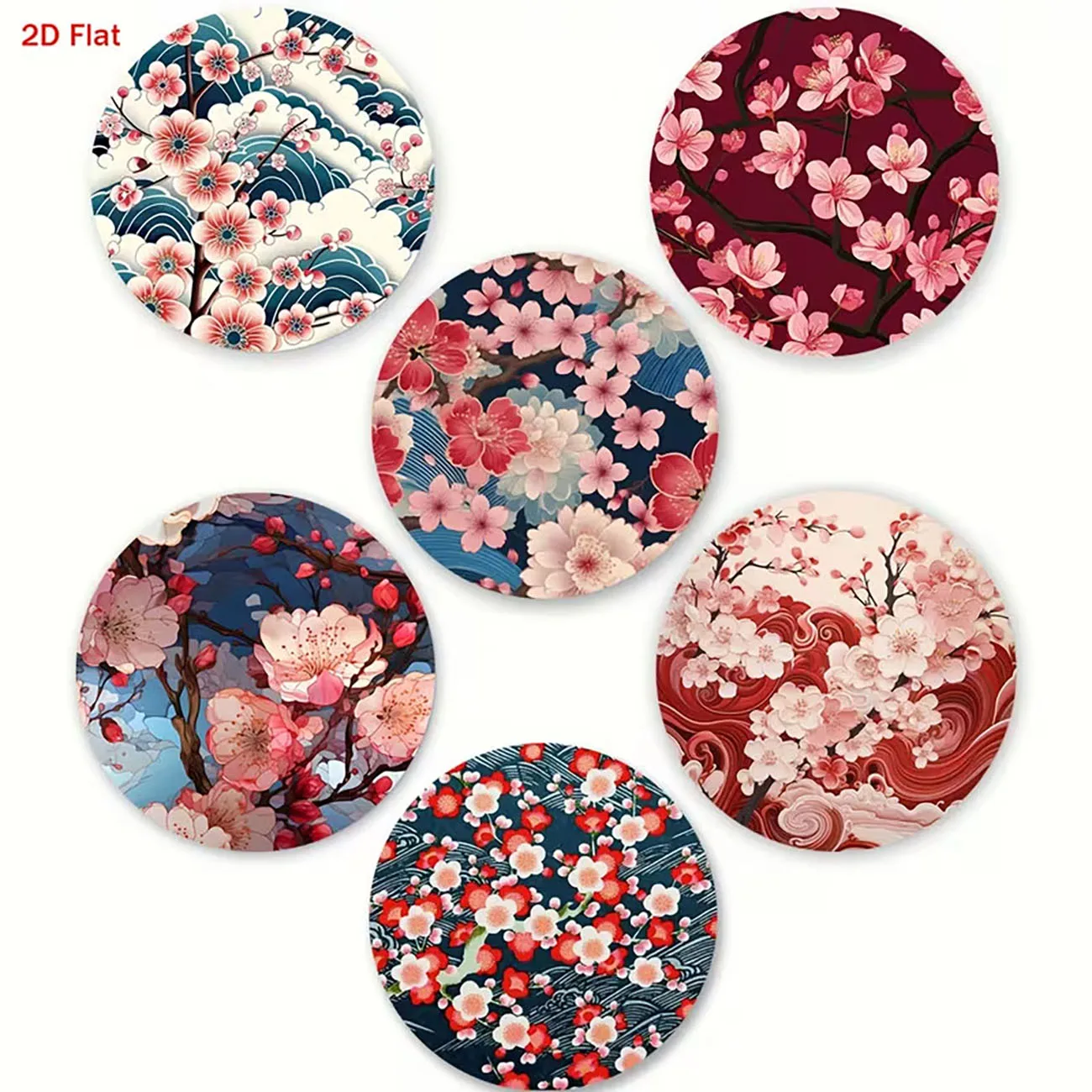 6Pcs Wooden Round Heat Insulation Drink Coasters Japanese Sakura Wave Pattern Tabletop Decor Housewarming Gift
