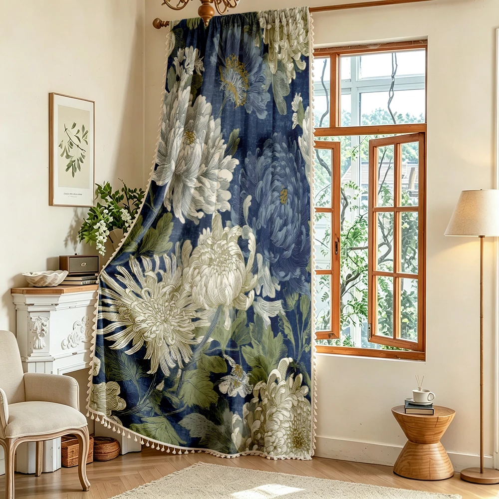 1PC Vintage Tassel Sheer Curtains, Blue Chrysanthemum, Digital Print, Polyester, Bedroom Living Room, Rod Pocket, Home Decor