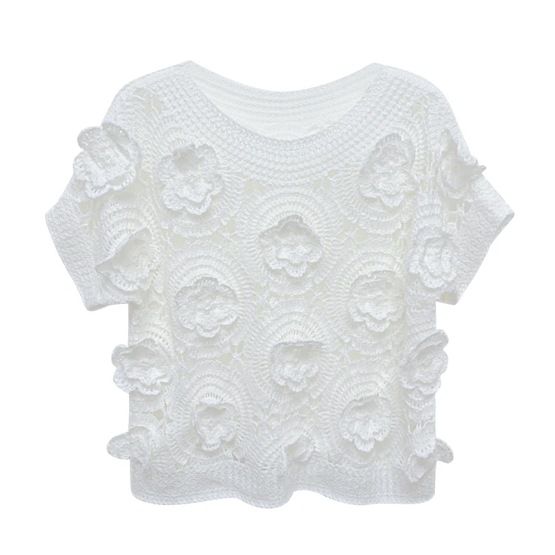 Crochet Sweater Pullover For Women 2024 Summer Stereo Flower Hollow Knit Tops Knitwear Elegant Stylish Vintage Ladies Jumpers