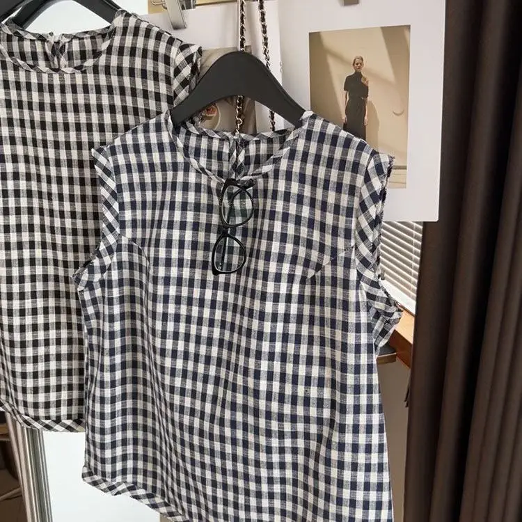 

Повседневный корейский топ больших размеров для похудения в клетку Svel irt, летний свободный крой, универсальный топ для тяжелых женщин до 300 Pou